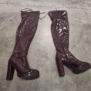 Gianni Bini Over the Knee Burgundy Patent Boots